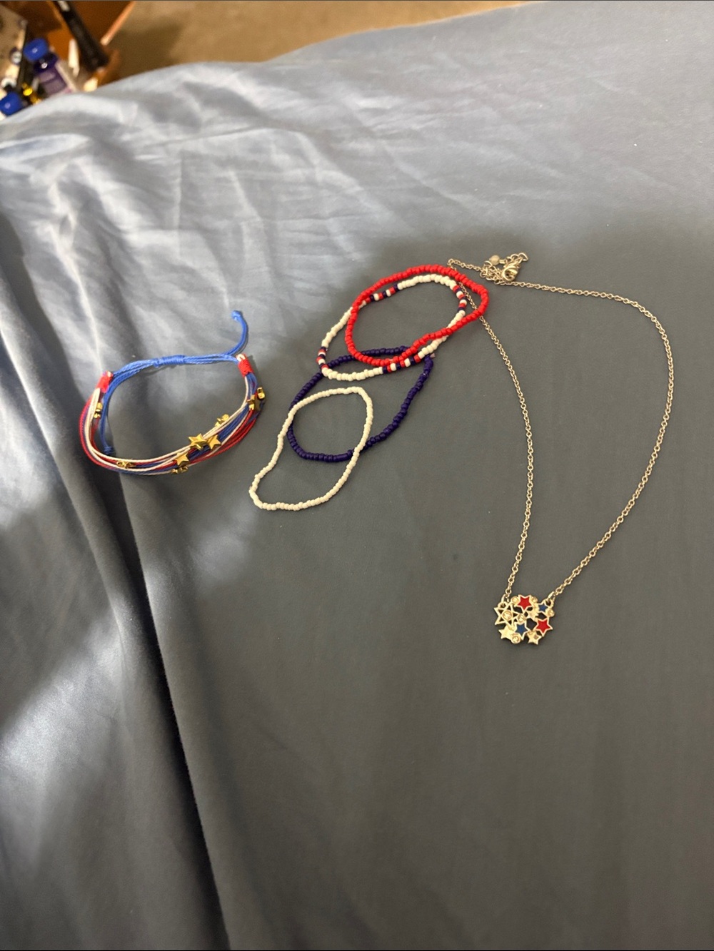 Gold Star Pendant Necklace with Red, Blue and White Beaded Bracelets Set
